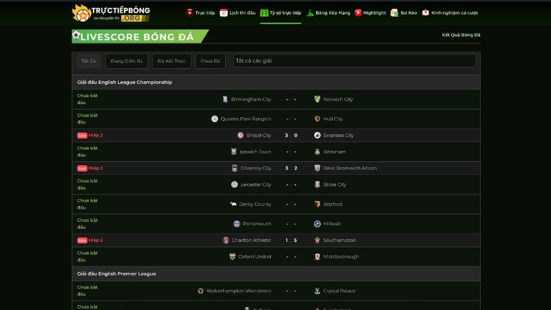 Tỷ số trực tiếp cập nhật nhanh chóng và chính xác